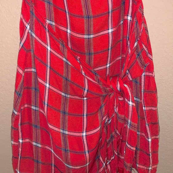 Cotton Candy Red Plaid Tie Waist Mini Dress - Picture 2 of 8